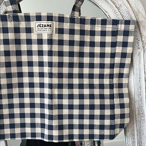 Sezane Navy and Cream Checkered Tote